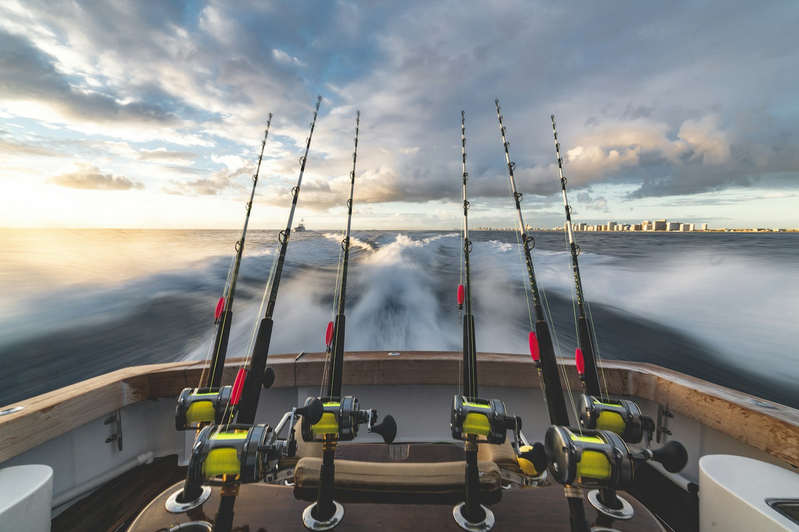 Offshore fishing rods and reels lined up on the back of a boat